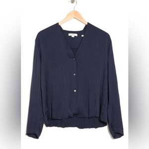 Vince NWT Crushed Navy Long Sleeve Textured Silk Feel Statement Blouse Size M